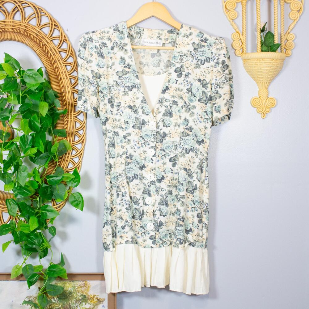VTG Sage Floral Puff Sleeve Dress Pleated Hem Button Front Midi | Light Summer